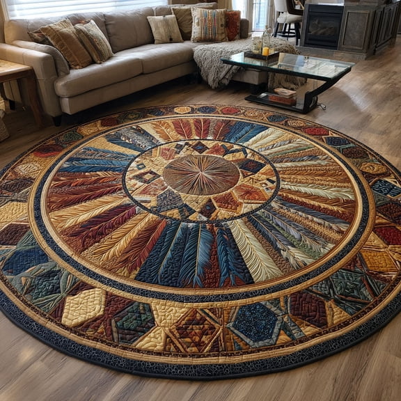 Feathered Pathways Quilted Round Mat, Feather Nature Round Floor Mat, Native Inspired Home Decor Rug, Quilted Area Carpet for Bedroom Living Room