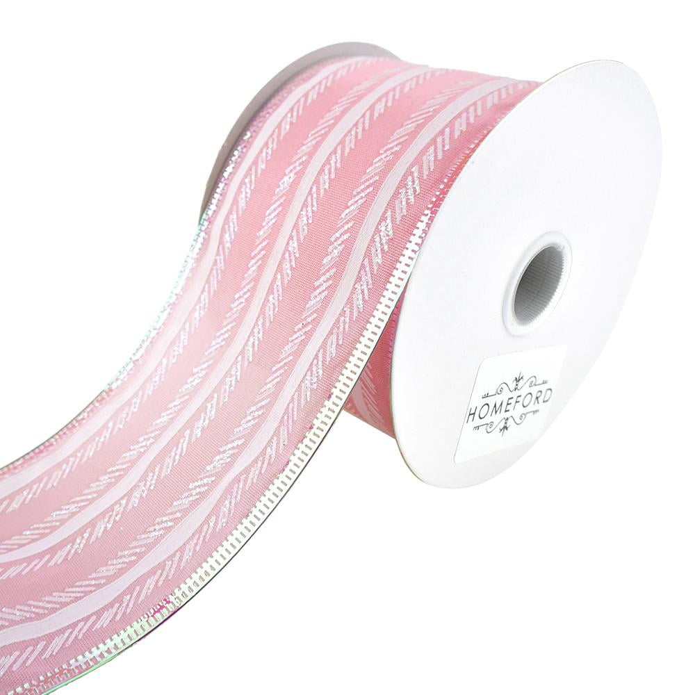 FIREFLY IMPORTS Feathered Stripes Iridescent Edge Satin Wired Ribbon, Pink, 2-1/2-Inch, 10-Yard