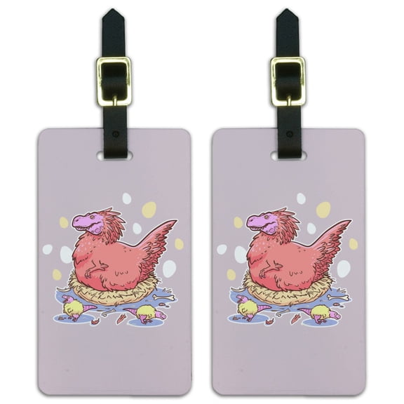 Feathered Tyrannosaurus Rex Dinosaur Nesting With Babies Luggage ID Tags Suitcase Carry-On Cards - Set of 2