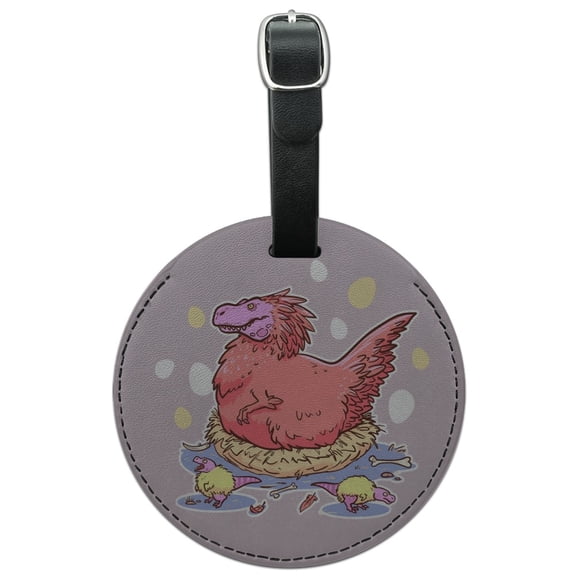 Feathered Tyrannosaurus Rex Dinosaur Nesting With Babies Round Leather Luggage Card Suitcase Carry-On ID Tag