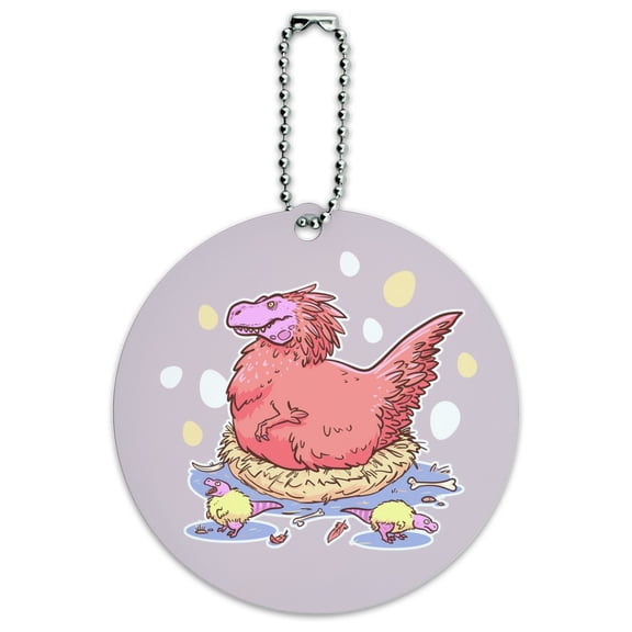 Feathered Tyrannosaurus Rex Dinosaur Nesting With Babies Round Luggage ID Tag Card Suitcase Carry-On