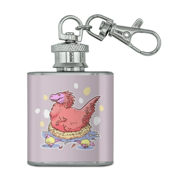 Feathered Tyrannosaurus Rex Dinosaur Nesting With Babies Stainless Steel 1oz Mini Flask Key Chain