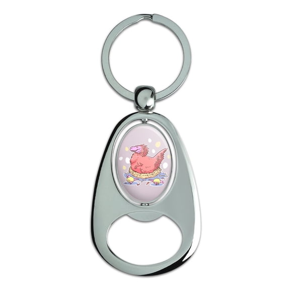 Feathered Tyrannosaurus Rex Dinosaur Nesting with Babies Keychain Chrome Metal Spinning Oval Bottle Opener