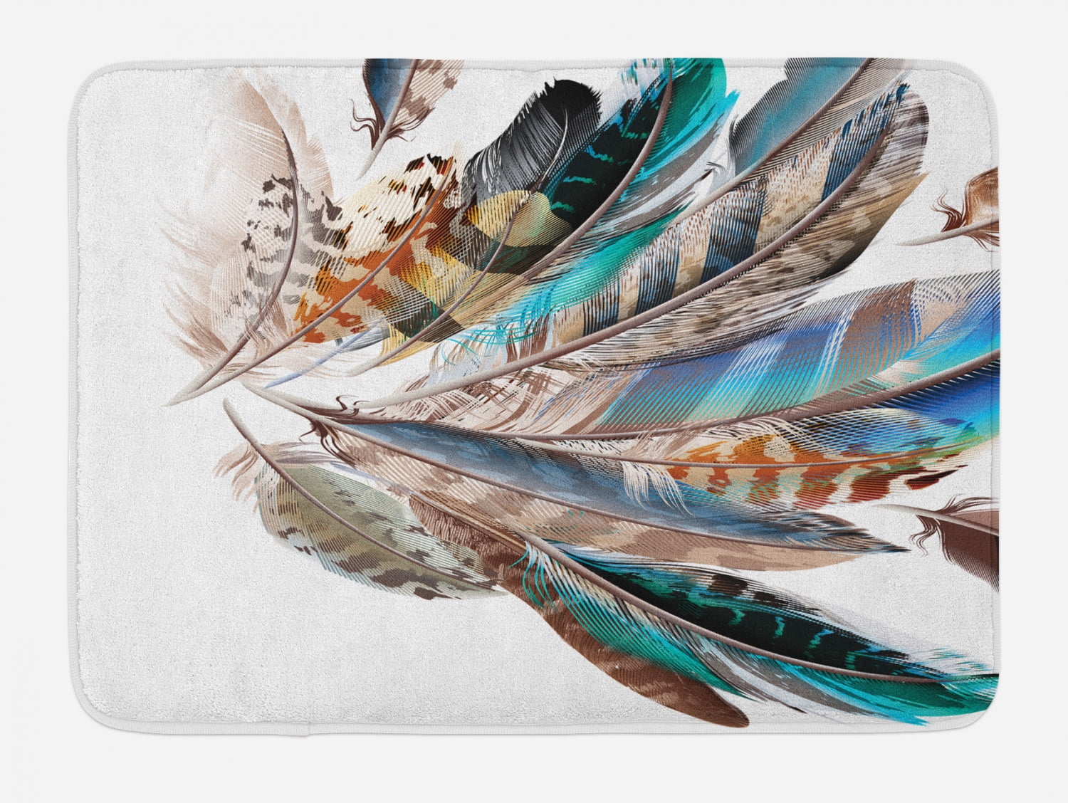 Teal and Brown Feather Print Plush Bath Mat