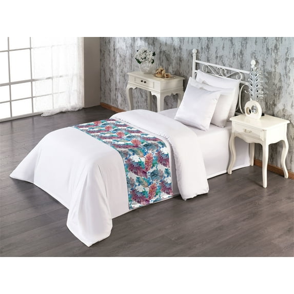Feathers Bed Runner, Watercolor Modern Boho Motif with Splash of Colors Repeating Pattern, Decorative Accent Bedding Scarf for Hotels Homes & Guest Rooms, Twin, Seafoam Pale Purple Blue, by Ambesonne