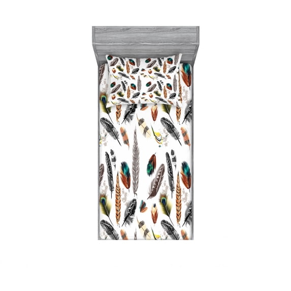 Feathers Bedding Set with Sheet & Covers, Arrangement of Types of Quills in Vivid Tones Grey Splashes Image Print, Printed Bedroom Decor 2 Shams, 4 Sizes, Multicolor, by Ambesonne