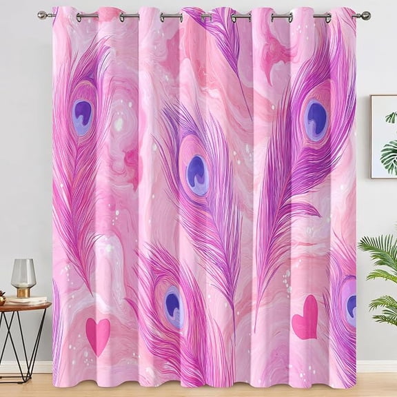 Feathers Curtains for Living Room, Peacock Feather Blackout Curtains for Bedroom Decor, Pink Grommet Thermal Blackout Window Drapes 42"W x 96"L (Pack of 2)