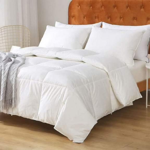 Feathers Down Comforter Twin - 100% Organic Cotton Quilted Medium Warm All Seasons Duvet Insert or Stand-Alone Comforter (68x90, Ivory White)