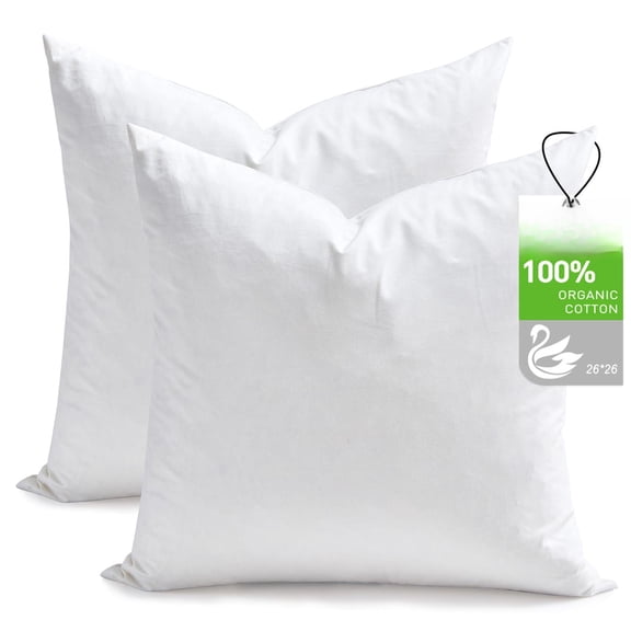 Feathers Down Pillow Inserts 26x26 Set Of 2 Euro Insert With Cotton Shell Soft Decorative Throw For Living Room Sofa Couch Or Bed (white)