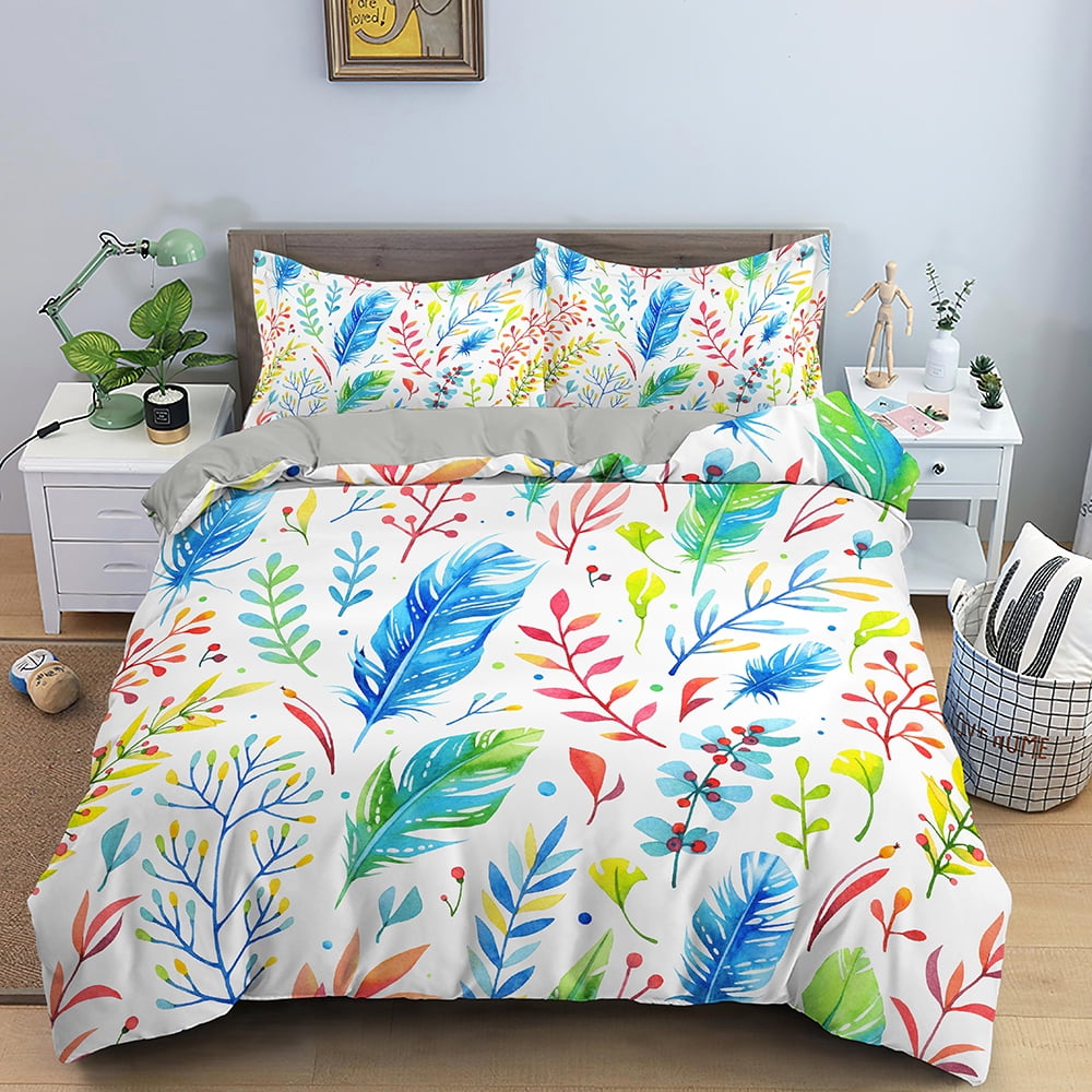 Feathers Duvet Cover /King Size Boho Colorful Bird Feather Bedding Set