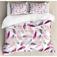 thumbnail image 1 of Feathers Duvet Cover Set Queen Size, Mix Feather Motifs in Romantic Feminine Inspired Colors Outer Wing Covert Theme, Decorative 3 Piece Bedding Set with 2 Pillow Shams, Pink Purple, by Ambesonne, 1 of 3