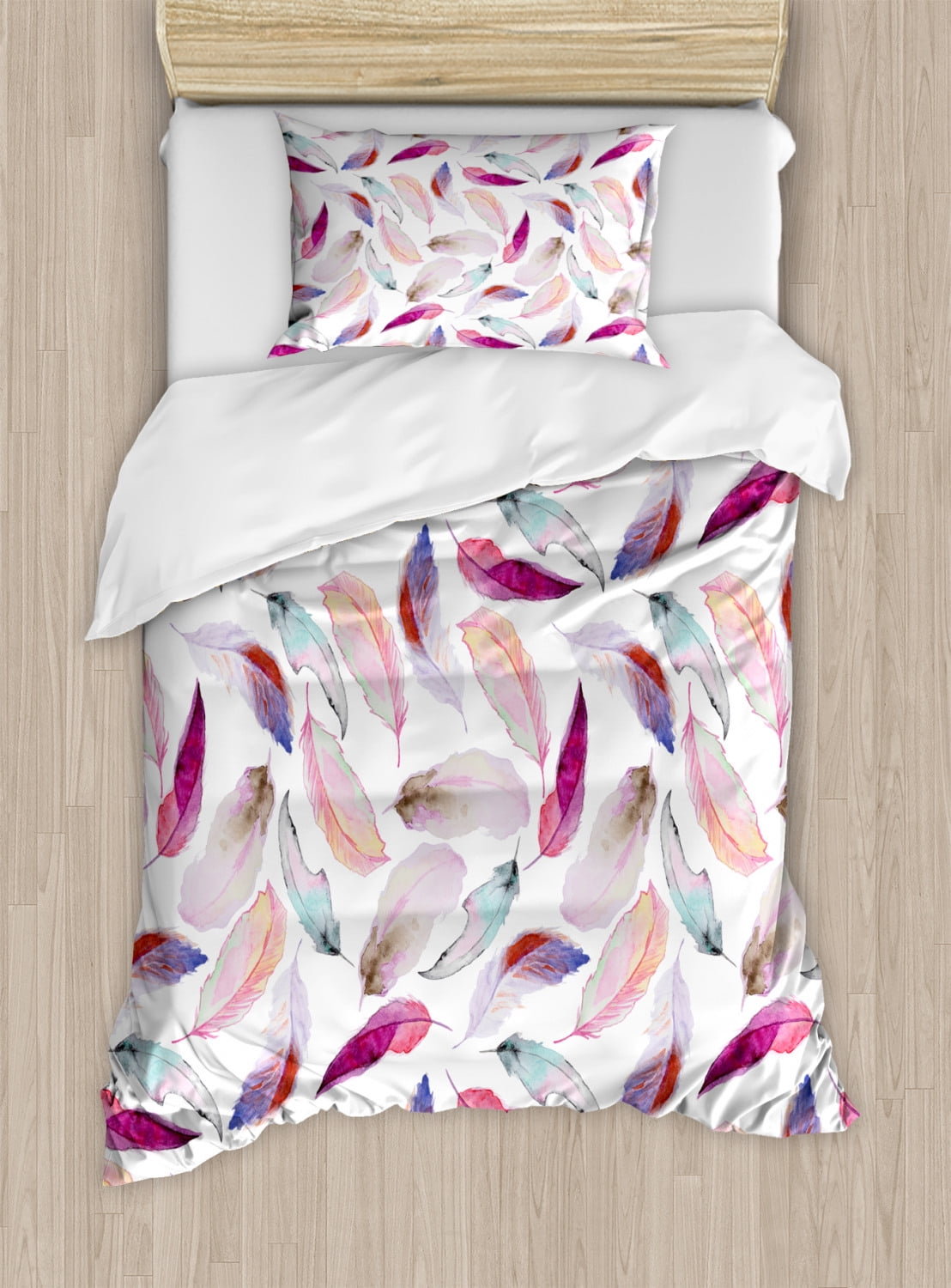 Twin Pink and Purple Feather Motif Microfiber Duvet Set