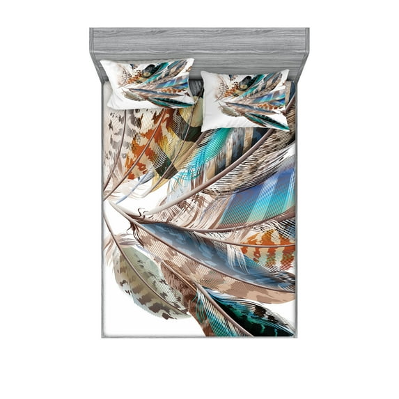 Feathers Fitted Sheet & Pillow Sham Set, Vaned Types and Natal Contour Flight Bird Feathers and Animal Skin Element Print, Decorative Printed 6 Piece Bedding Decor Set, Full, Teal Brown, by Ambesonne