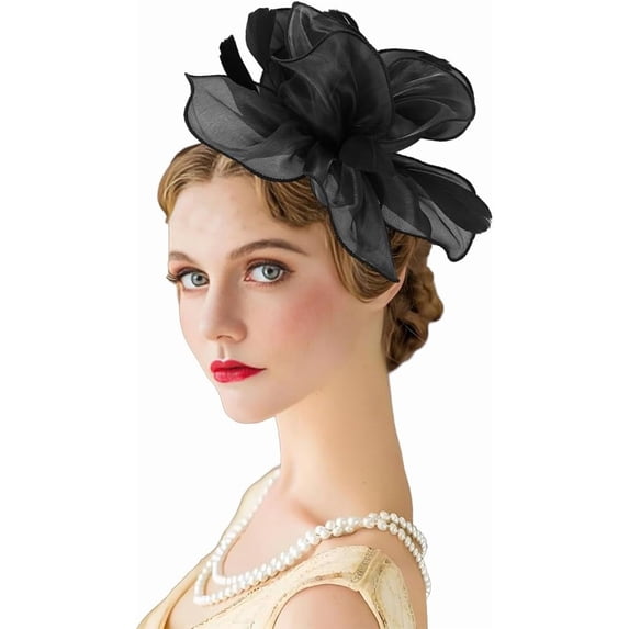 Feathers Flower Fascinators Hat for Women Organza Fabric Headband Clip 20s 50s Tea Party Headwear for Derby Church Cocktail