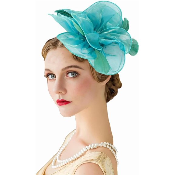Feathers Flower Fascinators Hat for Women Organza Fabric Headband Clip 20s 50s Tea Party Headwear for Derby Church Cocktail