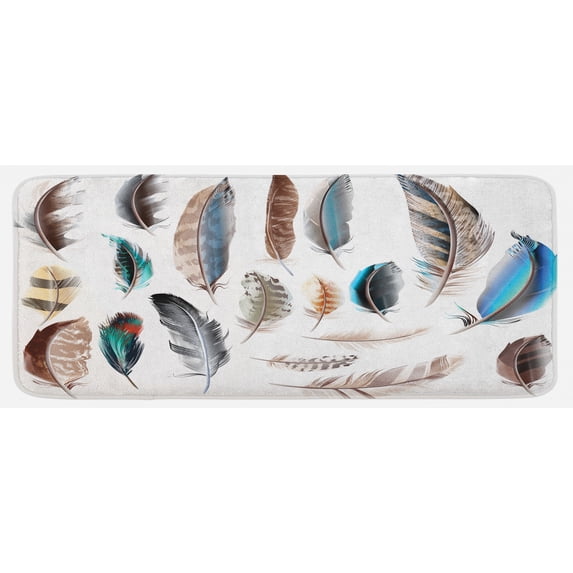 Feathers Kitchen Mat, Western Feather Setting Pigmented Bird Body Parts Growth Nature Design, Plush Decorative Kitchen Mat with Non Slip Backing, 47" X 19", Multicolor, by Ambesonne