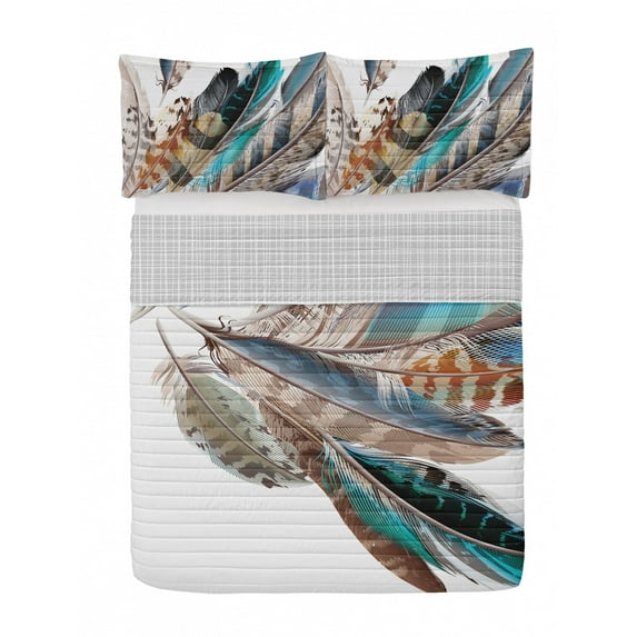 Feathers Reversible Bedspread Set, Vaned Types and Natal Contour Flight Bird Feathers and Animal Skin Element Print, Pillow Shams & Comforter Microfiber Bedding Set, 3 Sizes, Teal Brown, by Ambesonne