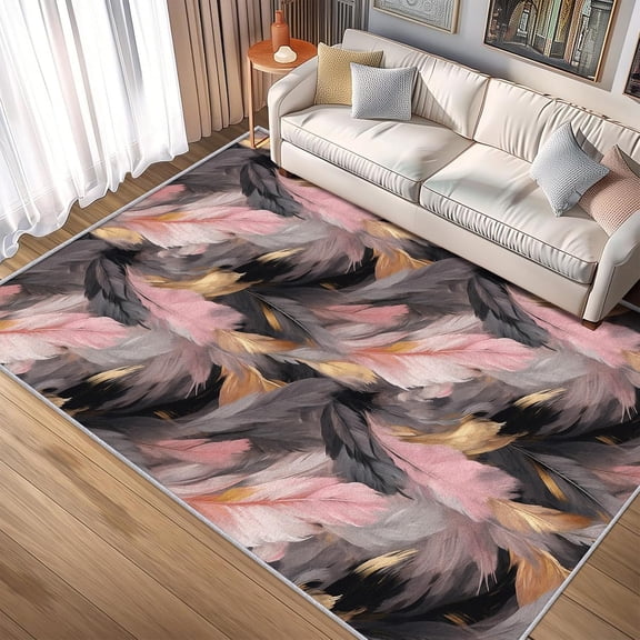 Feathers Rug Bedroom, Modern Abstract Pink Pattern Washable Area Rugs for Living Room, Feathers Home Decor Non Slip Carpet, Soft Ultra Thin Design-5' x 7'