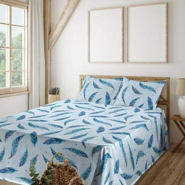 Feathers Sheet Set, Winter Color Fuzz Pattern on Snowy Look Spotted Backdrop Neutral Art, Fitted & Flat Sheet with Pillowcase Bedding Accent 4 Pcs Set, King, Sea Blue Pale Azure Blue, by Ambesonne