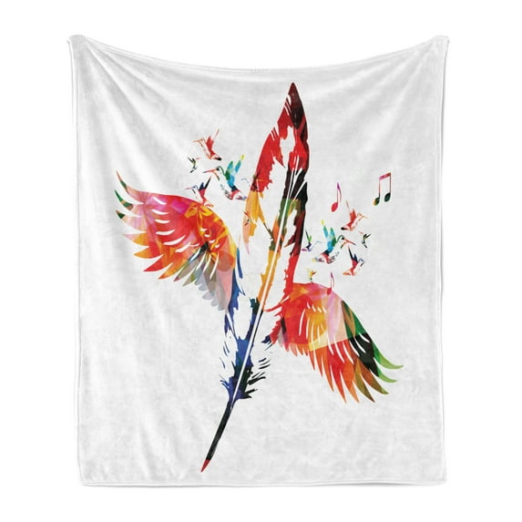 Feathers Soft Flannel Fleece Blanket, Imaginary Feather Fashioned of a Bird with Musical Harmony in the Universe Theme, Cozy Plush for Indoor and Outdoor Use, 50" x 60", Multicolor, by Ambesonne