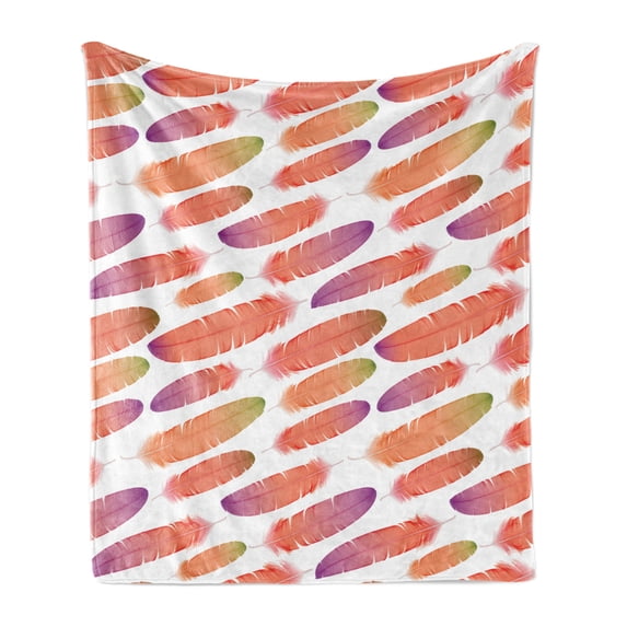 Feathers Soft Flannel Fleece Throw Blanket, Fluffy Feather in Symmetrical Tile Pattern with Color Details, Cozy Plush for Indoor and Outdoor Use, 50" x 60", Salmon Purple Green, by Ambesonne
