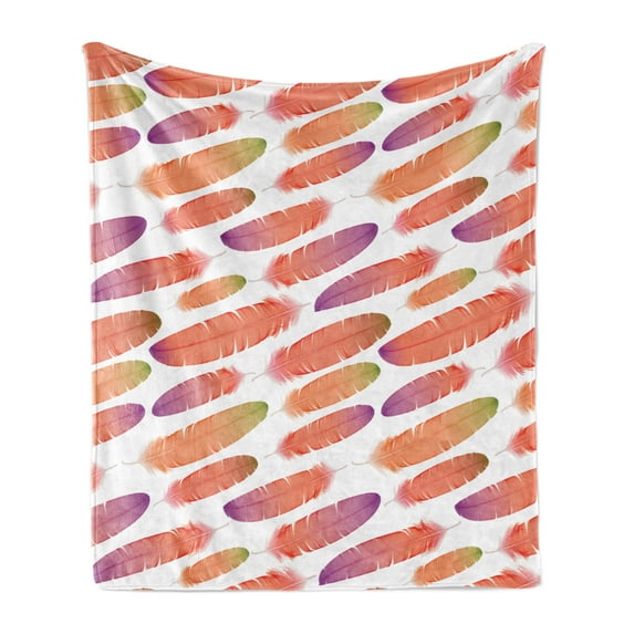 Feathers Soft Flannel Fleece Throw Blanket, Fluffy Feather in Symmetrical Tile Pattern with Color Details, Cozy Plush for Indoor and Outdoor Use, 50" x 70", Salmon Purple Green, by Ambesonne