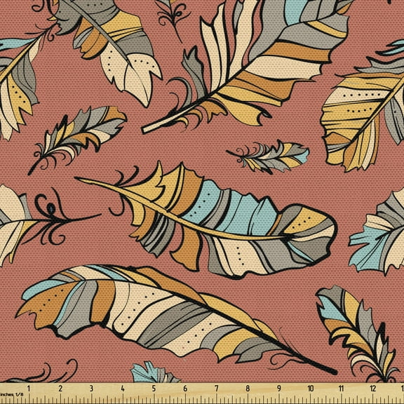 Ambesonne Feathers Fabric by the Yard Upholstery, Retro Stripes Doodle Work, 3 Yards, Dark Salmon Multicolor