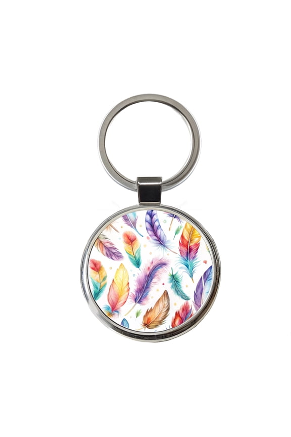 Feathers Watercolor Metal Round Keychain