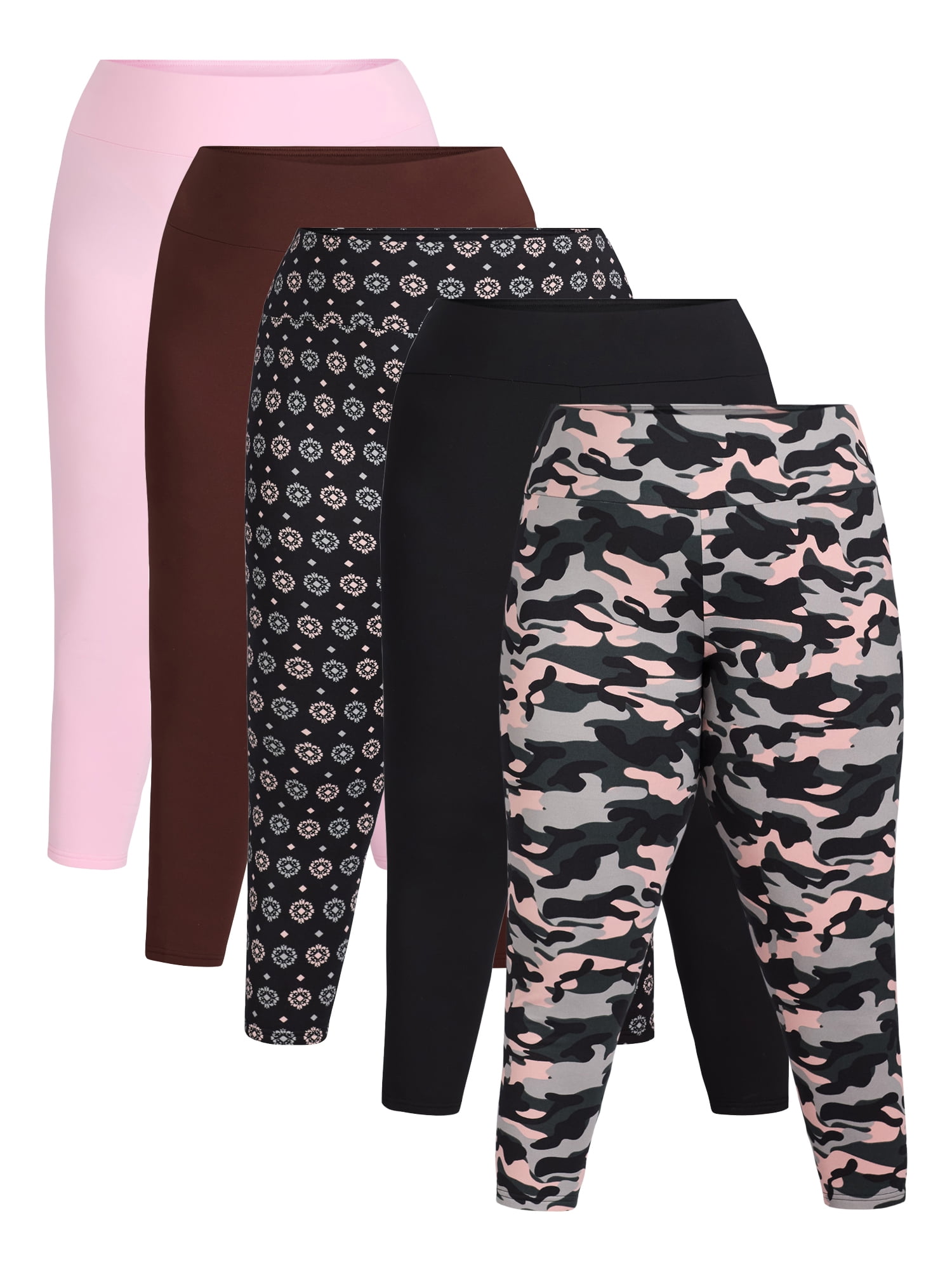 Feathers Women's Plus Fleece Leggings, 26” Inseam, 5-Pack, Sizes 1X-5X