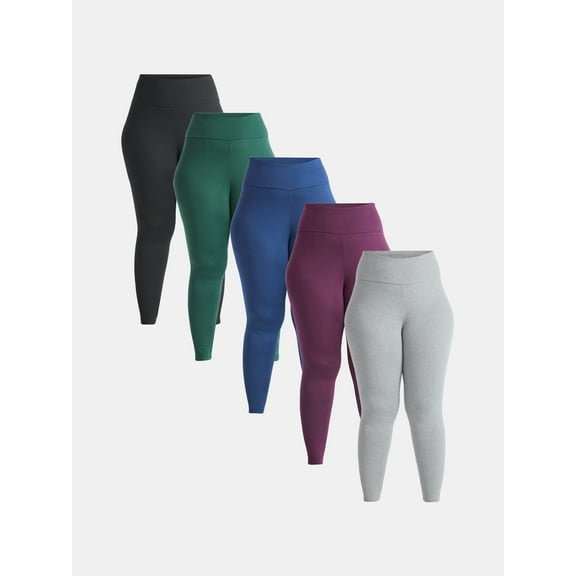 Feathers Plus size Women’s Cozy Lightweight Fleece-Lined Stretch Multipack Leggings for Everyday Wear, 5 Pack, Sizes 1X-4X