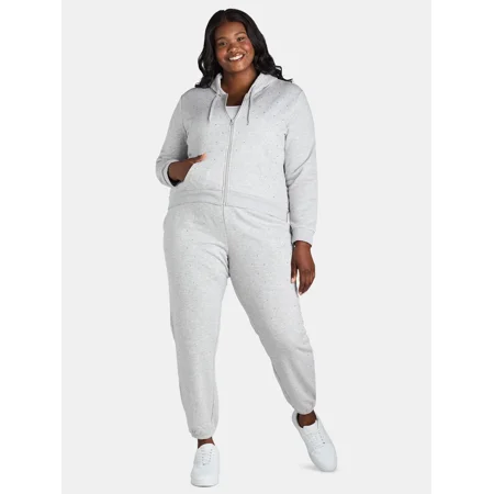 Feathers Women’s Plus Rhinestone Embellished Zip Hoodie and Joggers Set, 2-Piece, Sizes 1X-3X