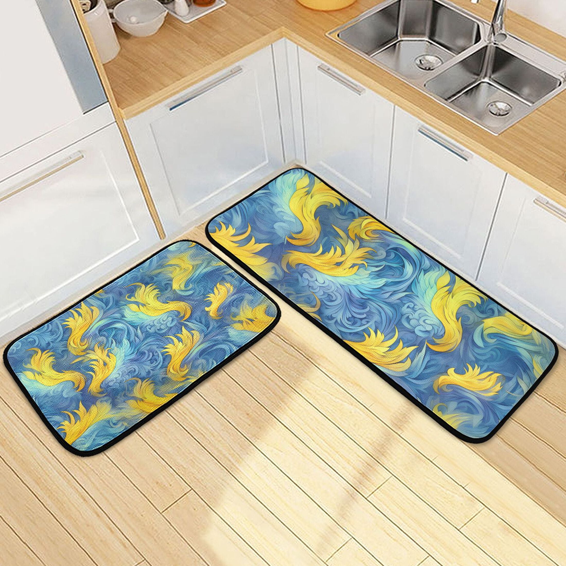 Feathers Yellow and Blue Kitchen Rugs Set of 2 Non Slip Floor Foam Mat ...