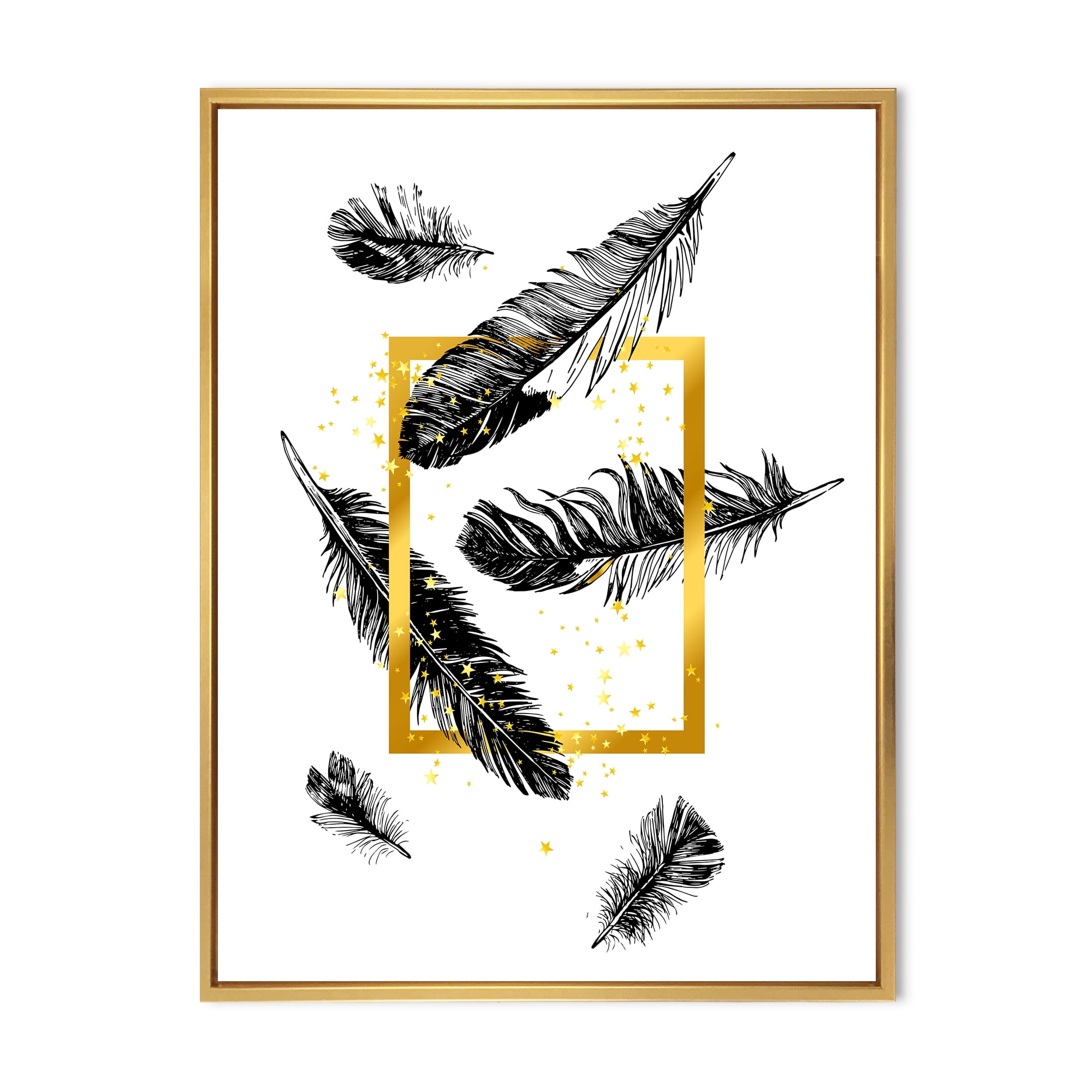 Feathers and Golden Frame 12 in x 20 in Framed Painting Canvas Art Print, by Designart