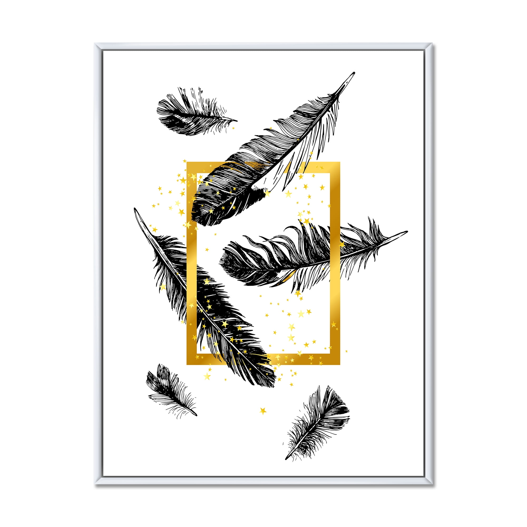 Feathers and Golden Frame 12 in x 20 in Framed Painting Canvas Art Print, by Designart