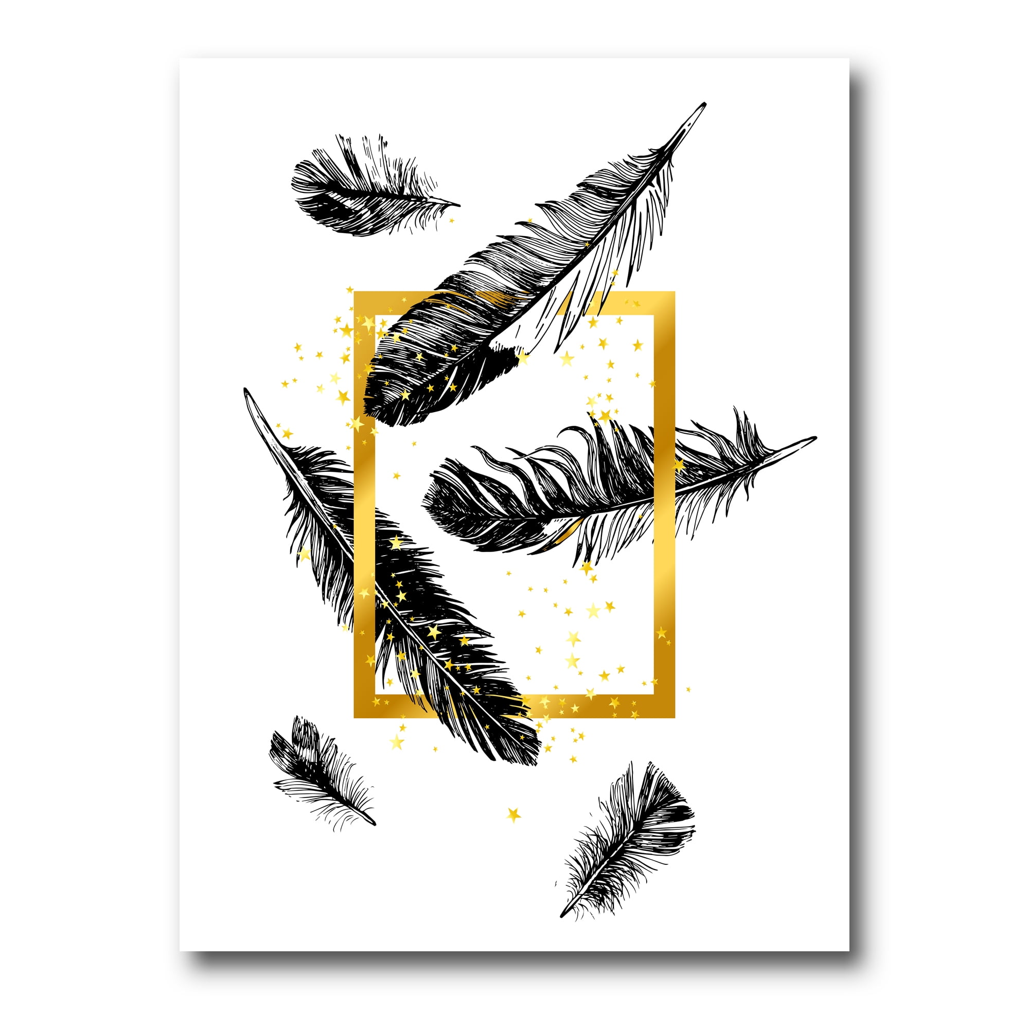 Feathers and Golden Frame 12 in x 8 in Painting Canvas Art Print, by Designart