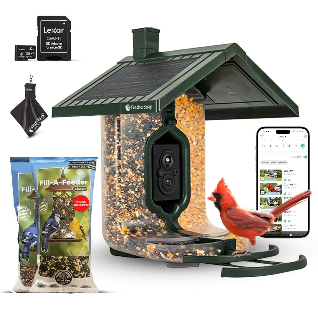 Feathersnap Smart Bird Feeder with AI Bird Identification & HD Camera Solar-Powered Wi-Fi Feeder Sends Photos & Videos to Your Phone Includes Starter Kit, 32GB SD Card, & Microfiber Cleaning Cloth