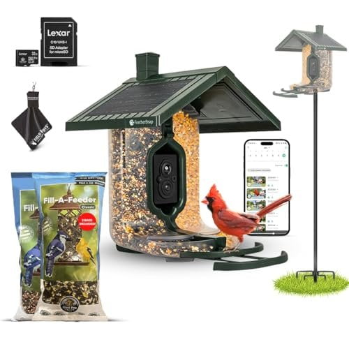 Feathersnap Smart Bird Feeder with AI Identification & HD Camera Solar-Powered Wi-Fi Feeder Sends Photos & Videos to Your Phone Includes Pole Mount, Bird Seed, 32GB SD Card, & Cleaning Cloth