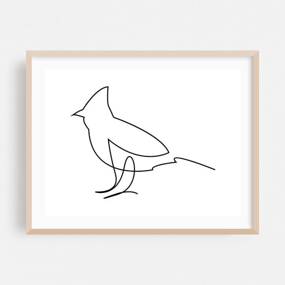 Feathery Fella - Line Drawing Line Art Bird Minimalist Abstract Black and White Silhouette Nature Oak Framed Wall Art Print 30 x 40 inches