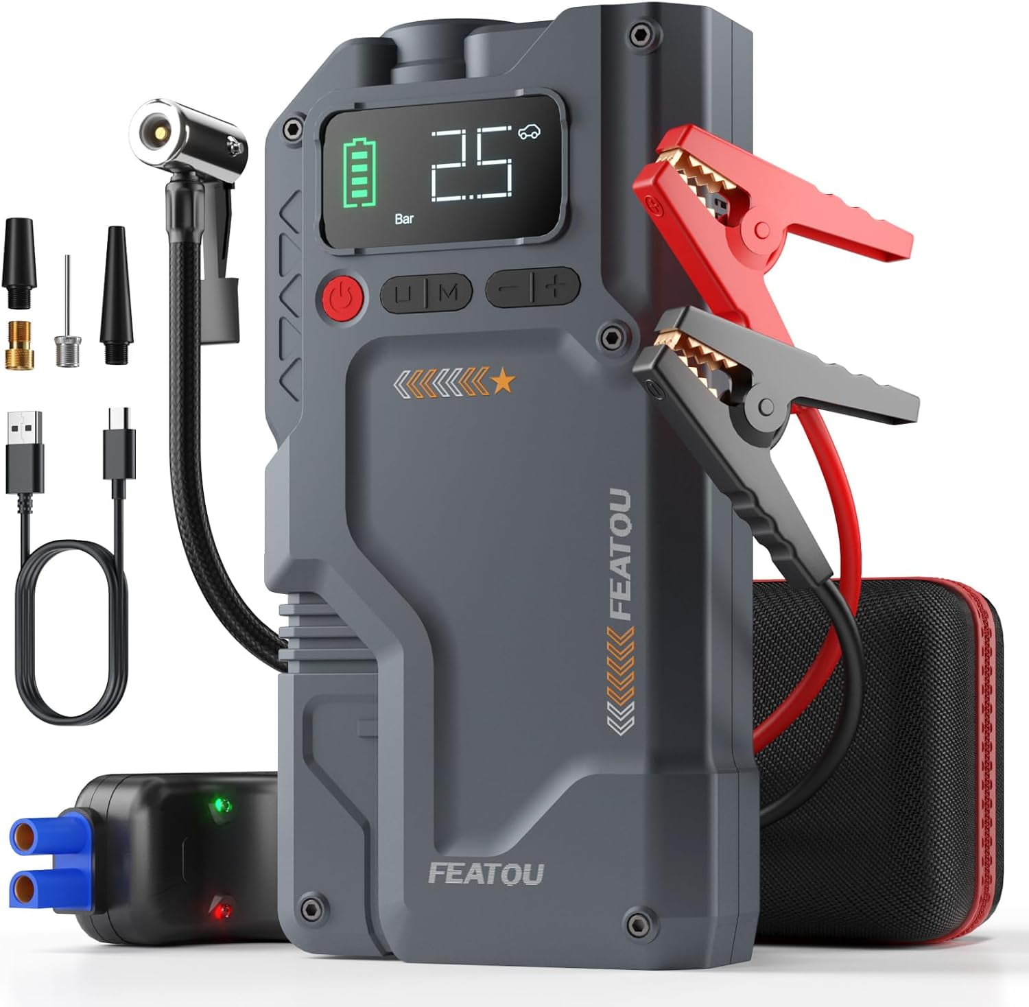 Featou Portable Jump Starter & Air Compressor,4500A Peak, 150PSI, Digital Tire Gauge, for 8.5L Gas & 7.0L Diesel Vehicles, Car Charger Included