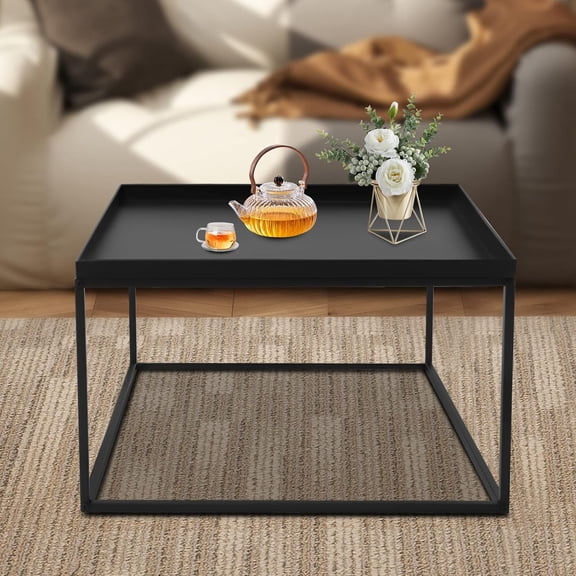 Featured Coffee Table Tray Steel Coffee Table Sofa Table Waterproof Small Side Table Snack Table with Recessed Top for Drinks, Snacks, Candles (Black)