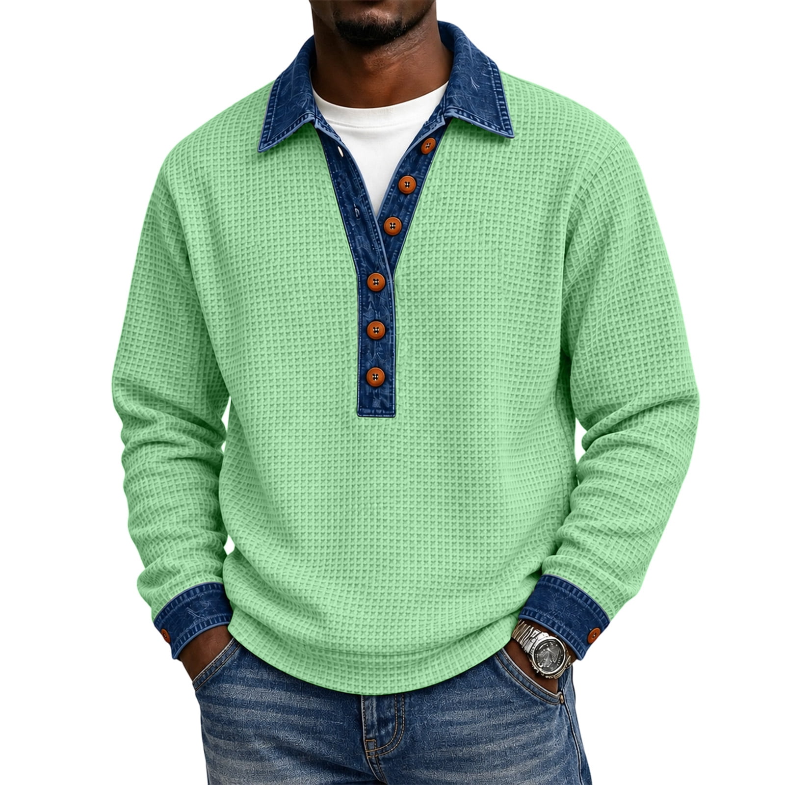 Color Button Toy Features Men's Casual Waffle Pullover with Long Sleeves Button Front ...