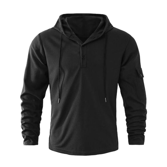 Long A Exercise Features Men's Henley Hoodie with Long Sleeves Waffle Texture Button ...