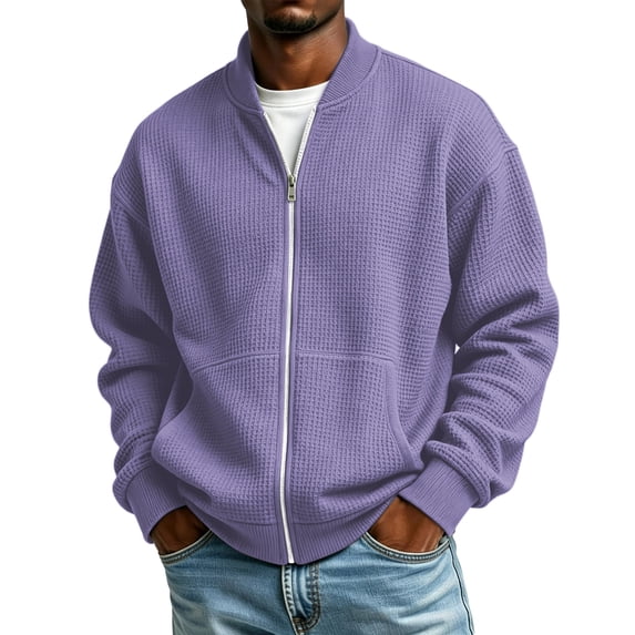 Features Men's Waffle Jacket with Long Sleeves Full Zip Front Ribbed ...