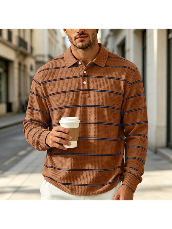 Features Men's Waffle Polo Shirt with Long Sleeves Striped Design Button Placket Collared Neck for Fall Casual Daily Wear