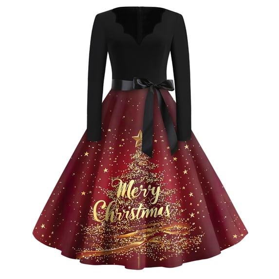 Vs Tree Features Women's Christmas Dress with V Neck Long Sleeves A Line ...
