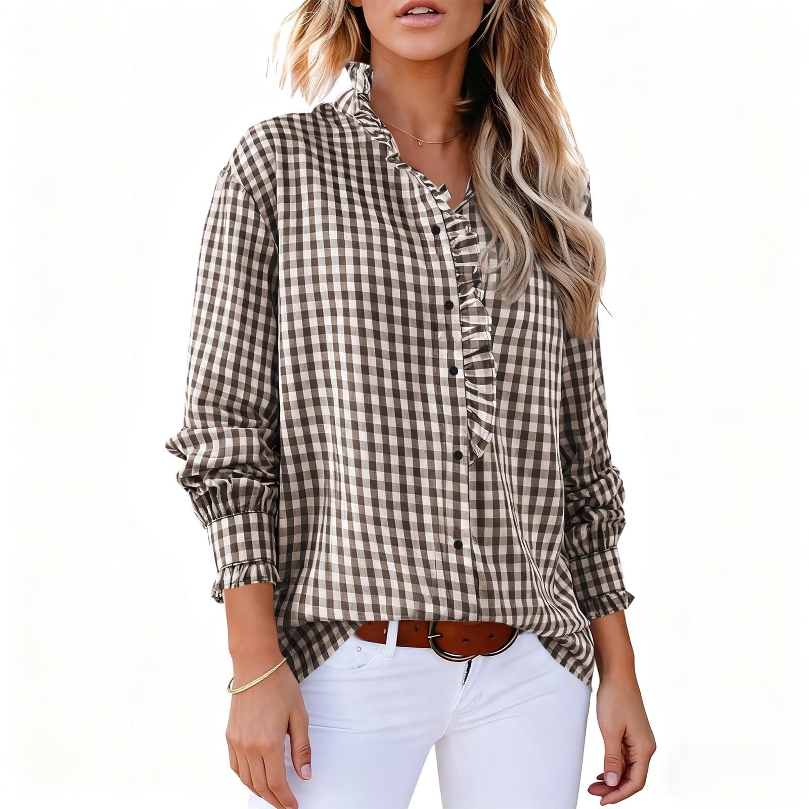 History Check Pattern Features a Ruffle V-Neck and Smocked Cuffs, Women's Long Sleeve Gingham ...