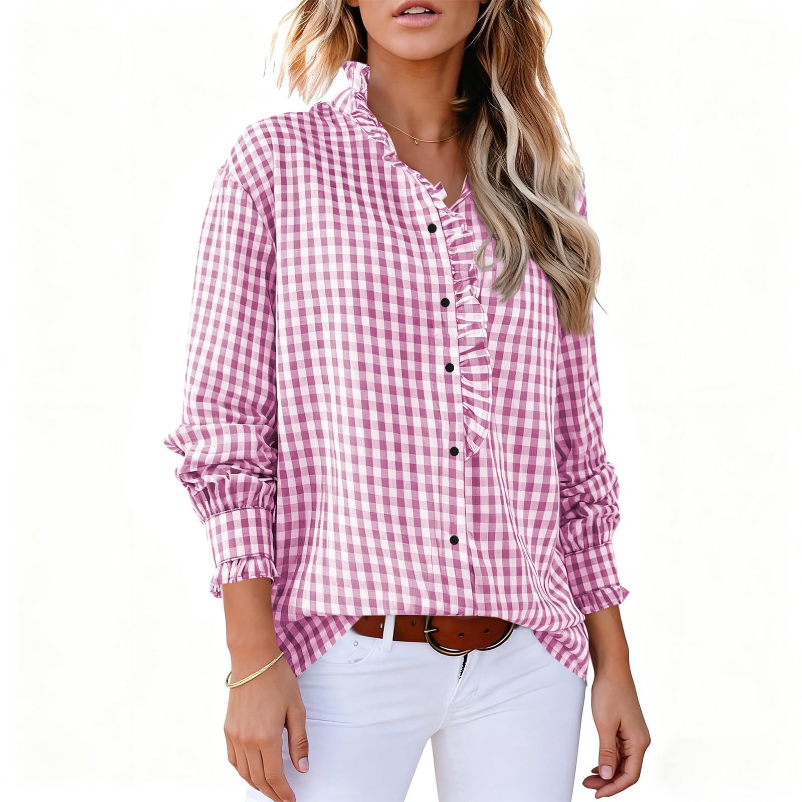 Features a Ruffle V-Neck and Smocked Cuffs, Women's Long Sleeve Gingham ...
