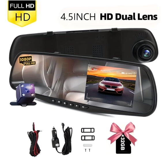 Features include a rearview mirror, a high-definition dashcam, a 4.3-inch high-definition screen, a 1080P front camera and a 1080P rear camera, wide-angle night vision, full touch control, and a 32GB