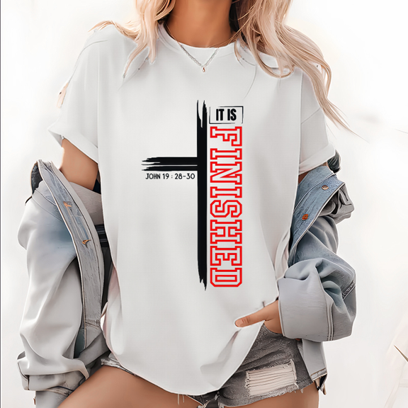 Featuring "It is Finished" with a Modern Cross Design and Scriptural Reference Tee T-shirt Top Short Sleeve White S-5XL