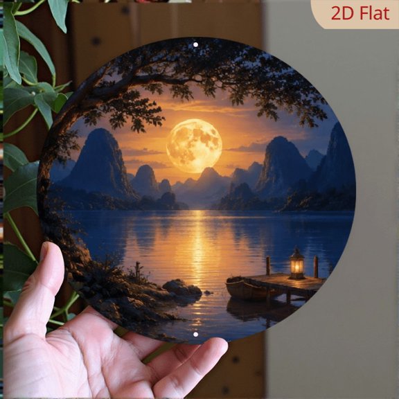 Featuring a Modern Fluorescent Blue Beach And a Nighttime Moon Theme, This Round Aluminum Metal Decorative Plaque Is Perfect for Home Decor, Suitable for Bars, Kitchens, Cafes, Family Rooms,